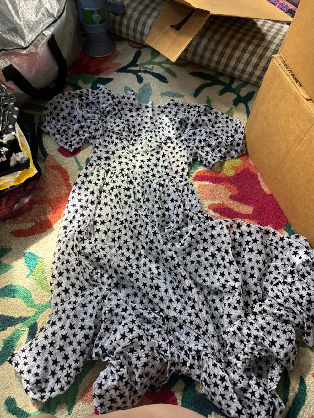 Batsheva Maxi Ruffle Dress in grey mesh/black star print - Size 6